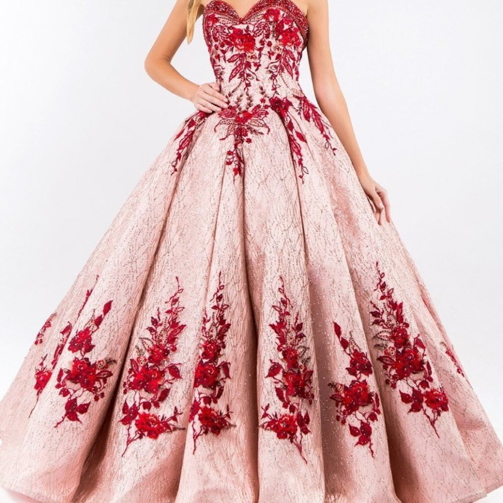 Rose Gold Beads Embellished Neckline Full Glitter Mesh Quinceanera Dress Gl1957
